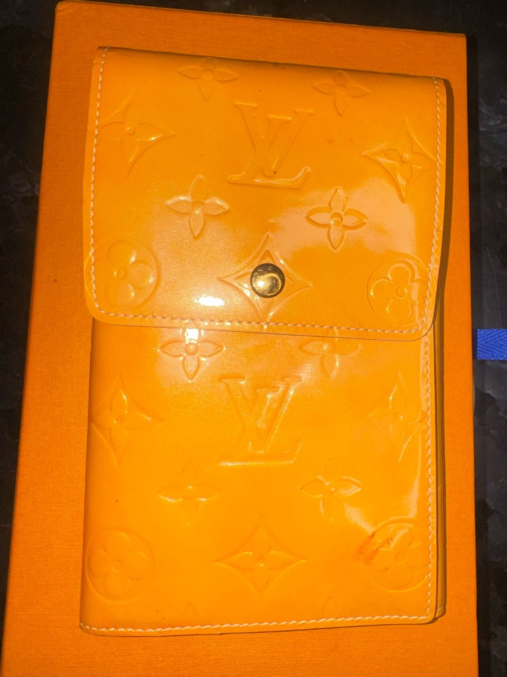 Authentic Louis Vuitton Orange Vernis Monogram Patent Leather Wallet Pouch